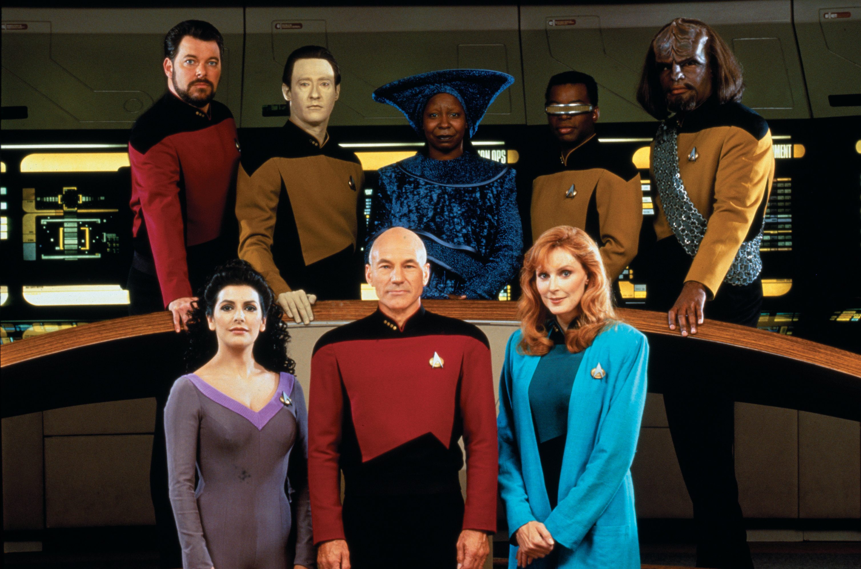 Promotional portrait of the cast of &#x27;Star Trek: The Next Generation,&#x27; California, 1987