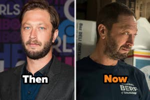 Ebon Moss-Bachrach on the red carpet and in The Bear, text: Then Now