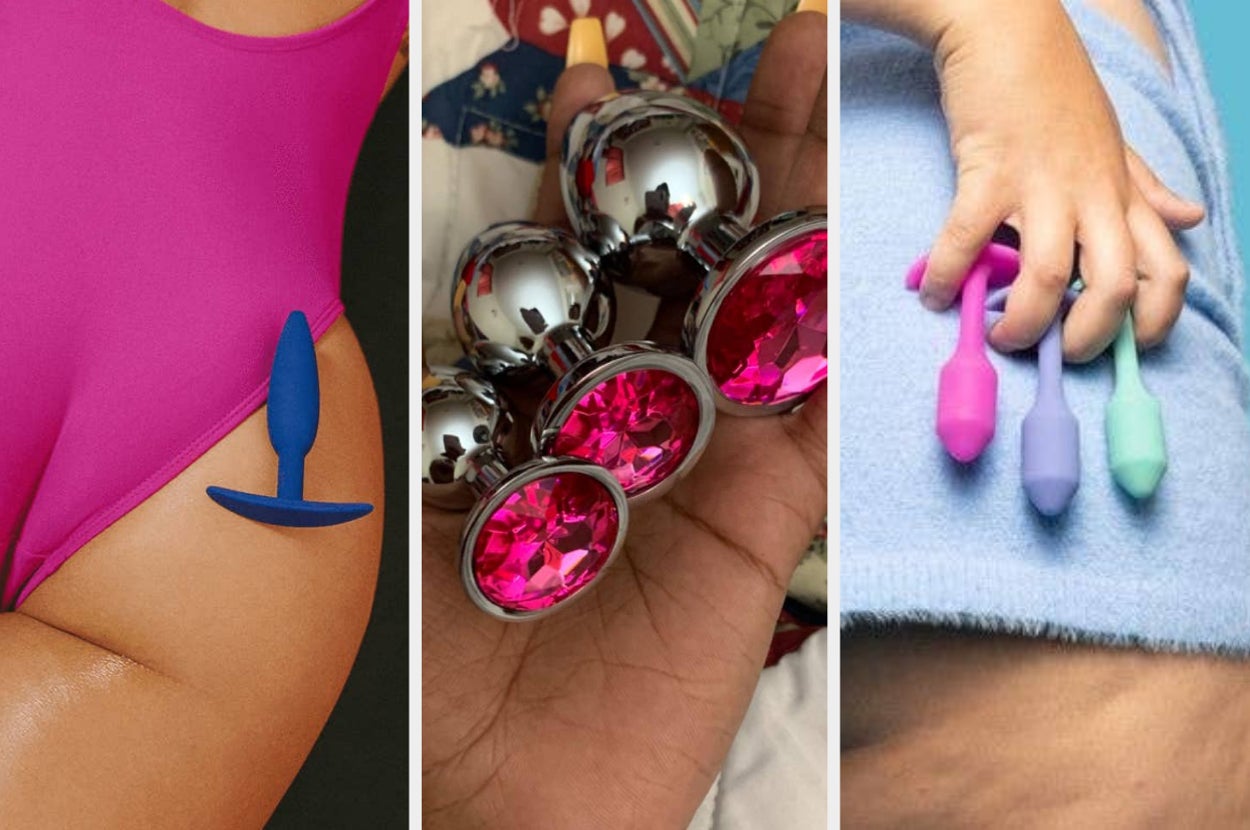 Model with blue butt plug on butt cheek, reviewer holding trio of stainless steel plugs and model holding three pastel weighted plugs