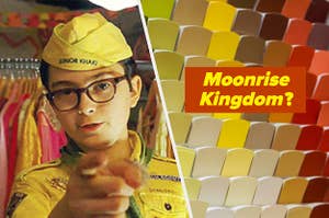 A scout in a yellow uniform and glasses pointing, a wall of yellow and red color swatches.