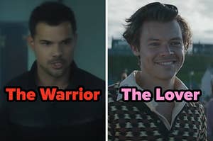 On the left, Taylor Lautner in the I Can See You music video labeled The Warrior, and on the right, Harry Styles in the Adore You music video labeled The Lover