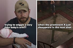 A split thumbnail, with two images - one showing Bradley Cooper with a baby doll and one showing an X marked on the floor