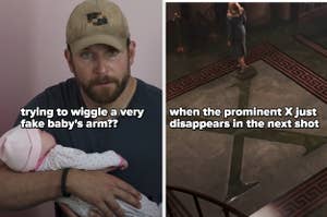 A split thumbnail, with two images - one showing Bradley Cooper with a baby doll and one showing an X marked on the floor