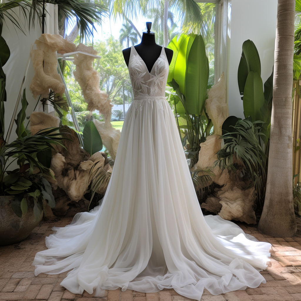 An a-line, sleeveless wedding dress with a v-neck and tulle skirt