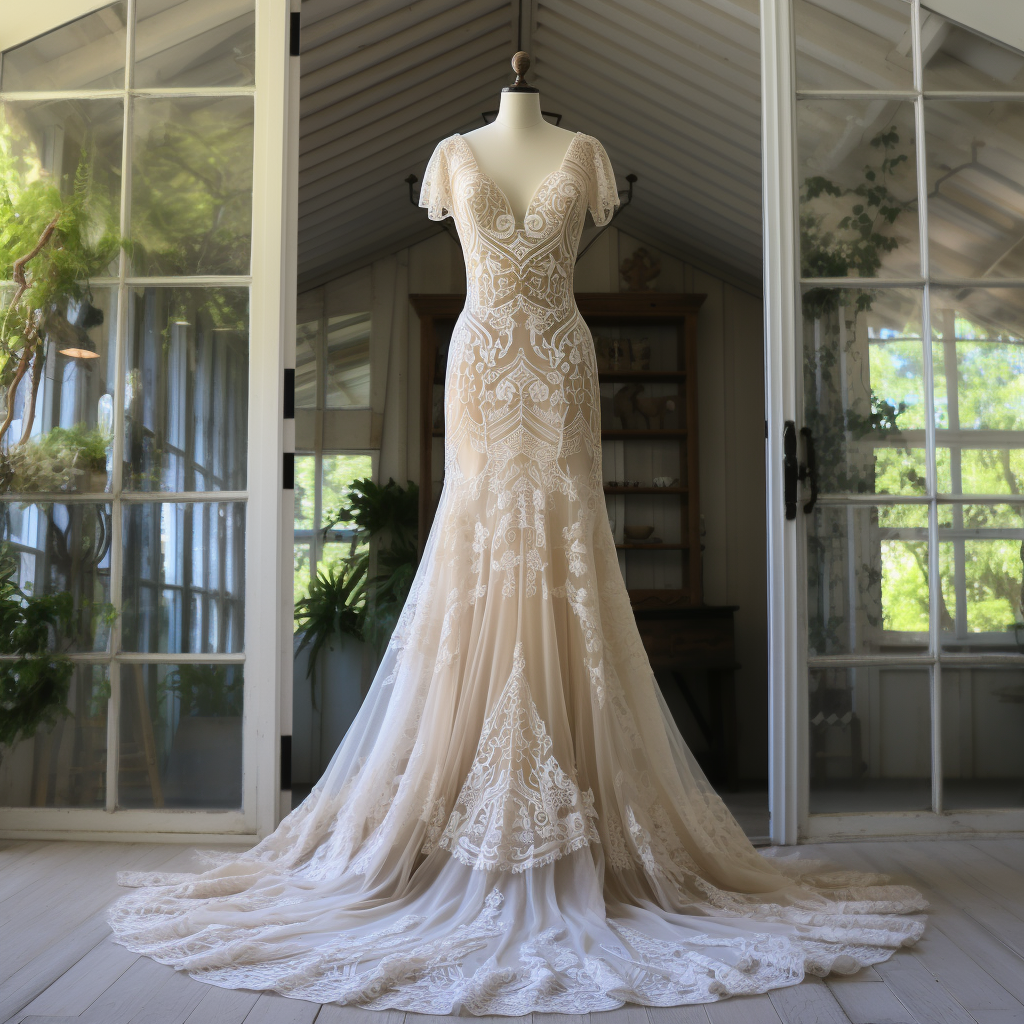 A fit and flare, lacy wedding dress with a v-neck and lacy cap sleeves
