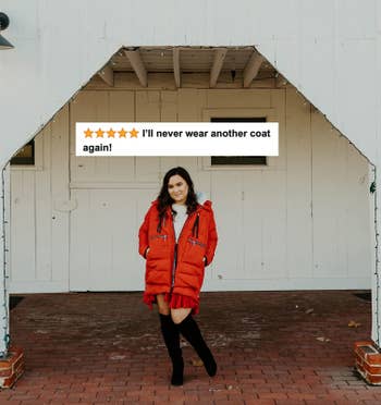 A reviewer in a red coat with five-star review text 