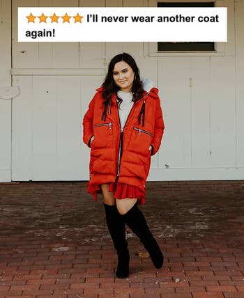 A reviewer successful a reddish overgarment with five-star reappraisal substance