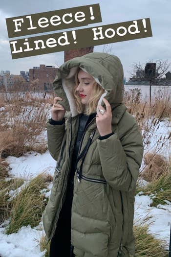 buzzfeed exertion wearing the greenish overgarment with substance
