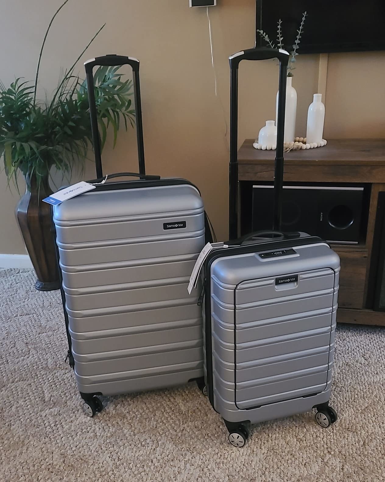 a reviewer photo of the carry-on and medium suitcase in light gray