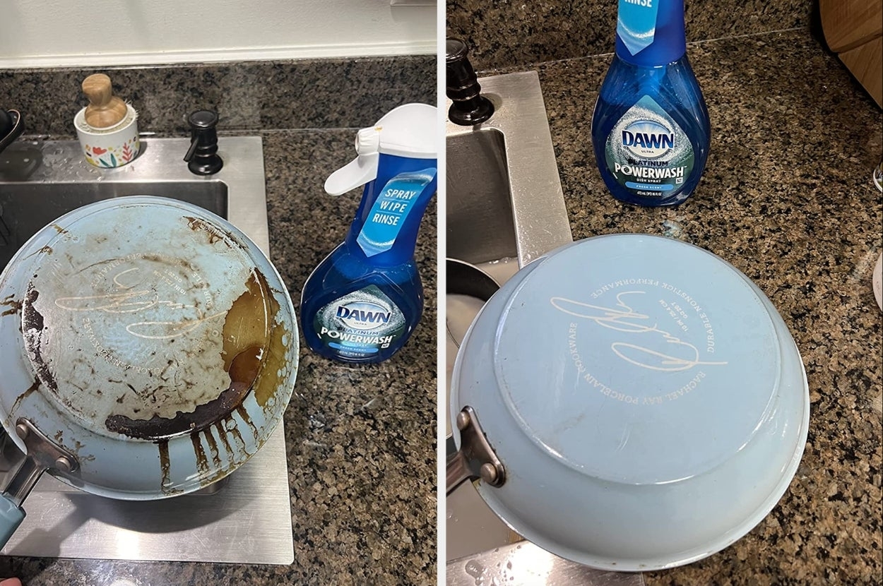 Reviewer before and after pic with a dirty pan and clean one