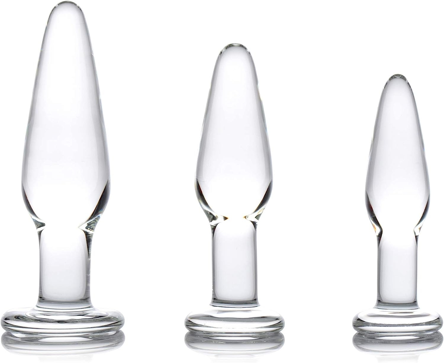 Three glass anal plugs in graduated sizes