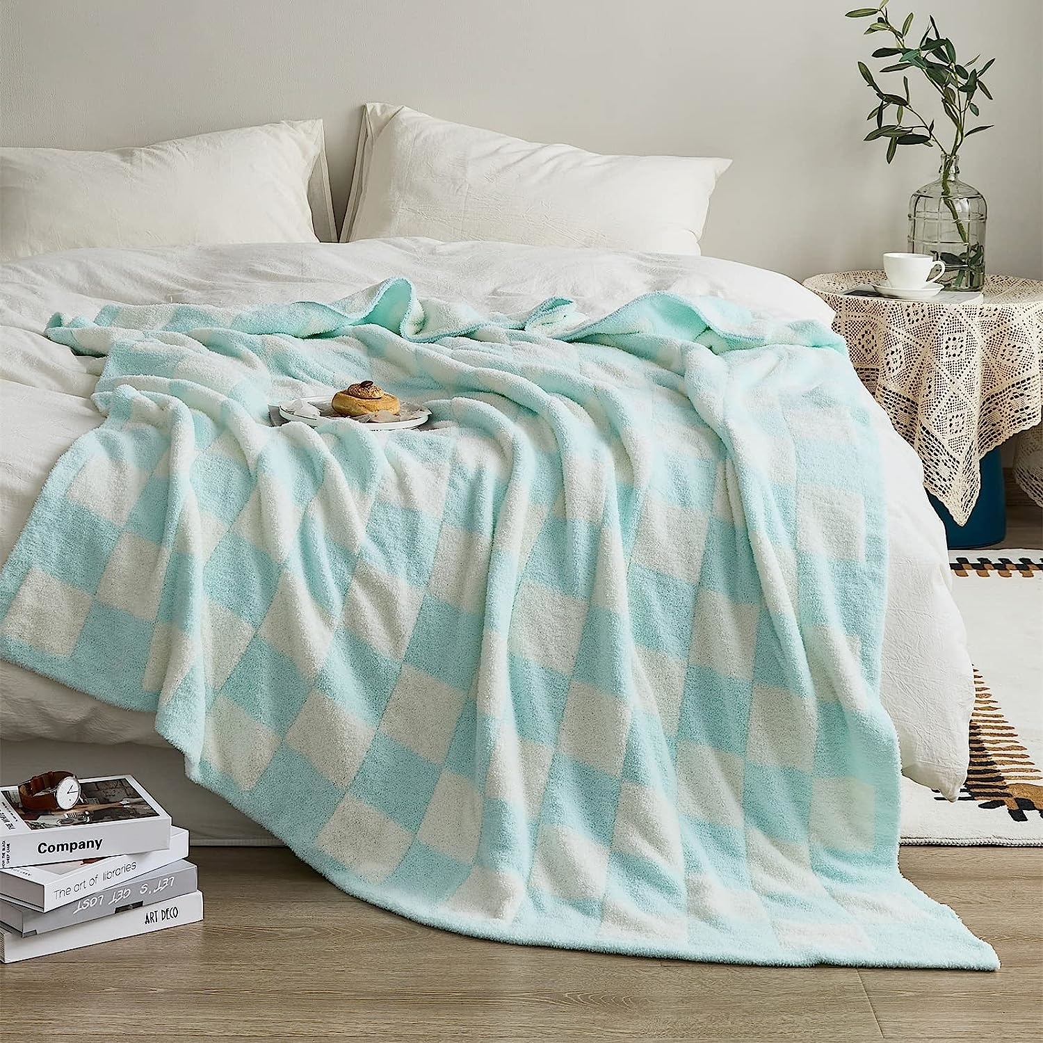 the light blue checkerboard blanket