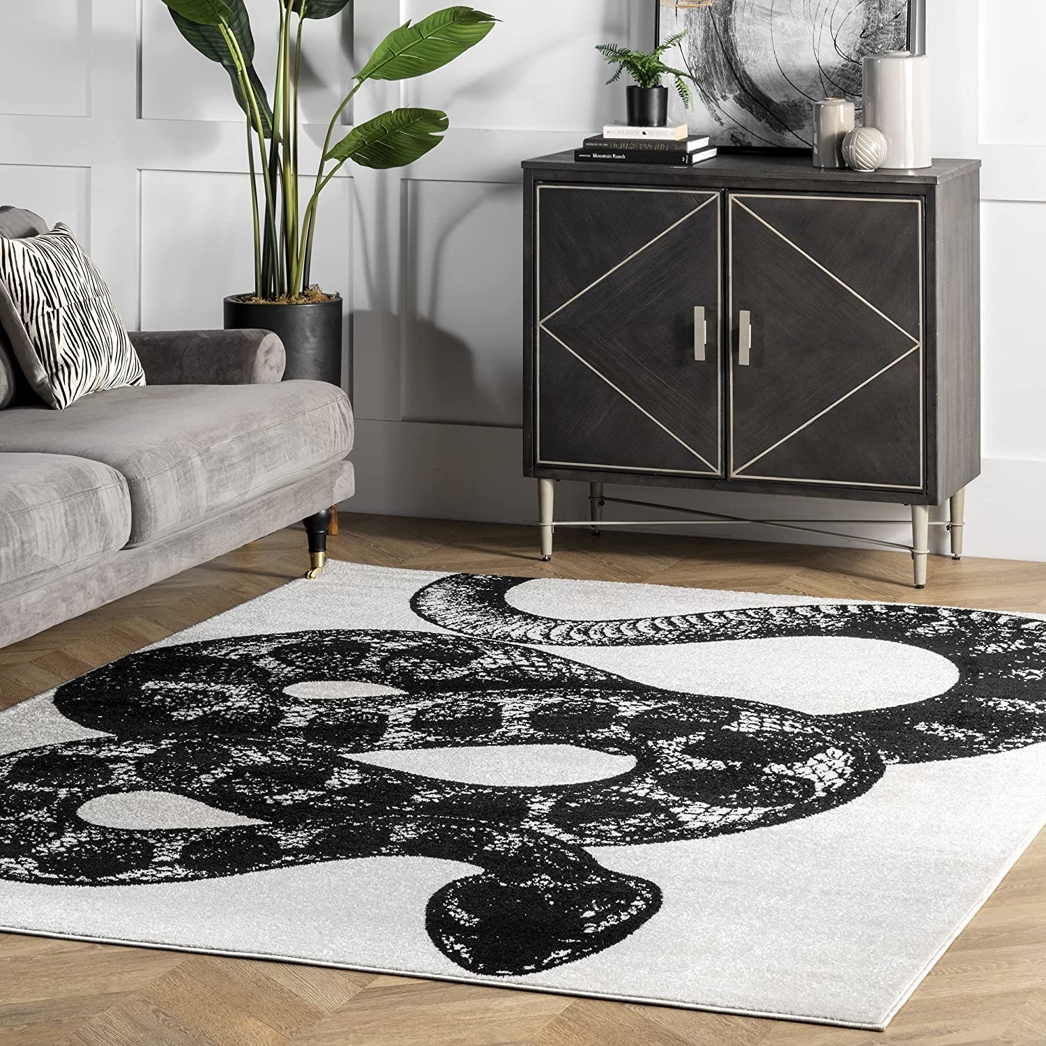 living room with serpent rug