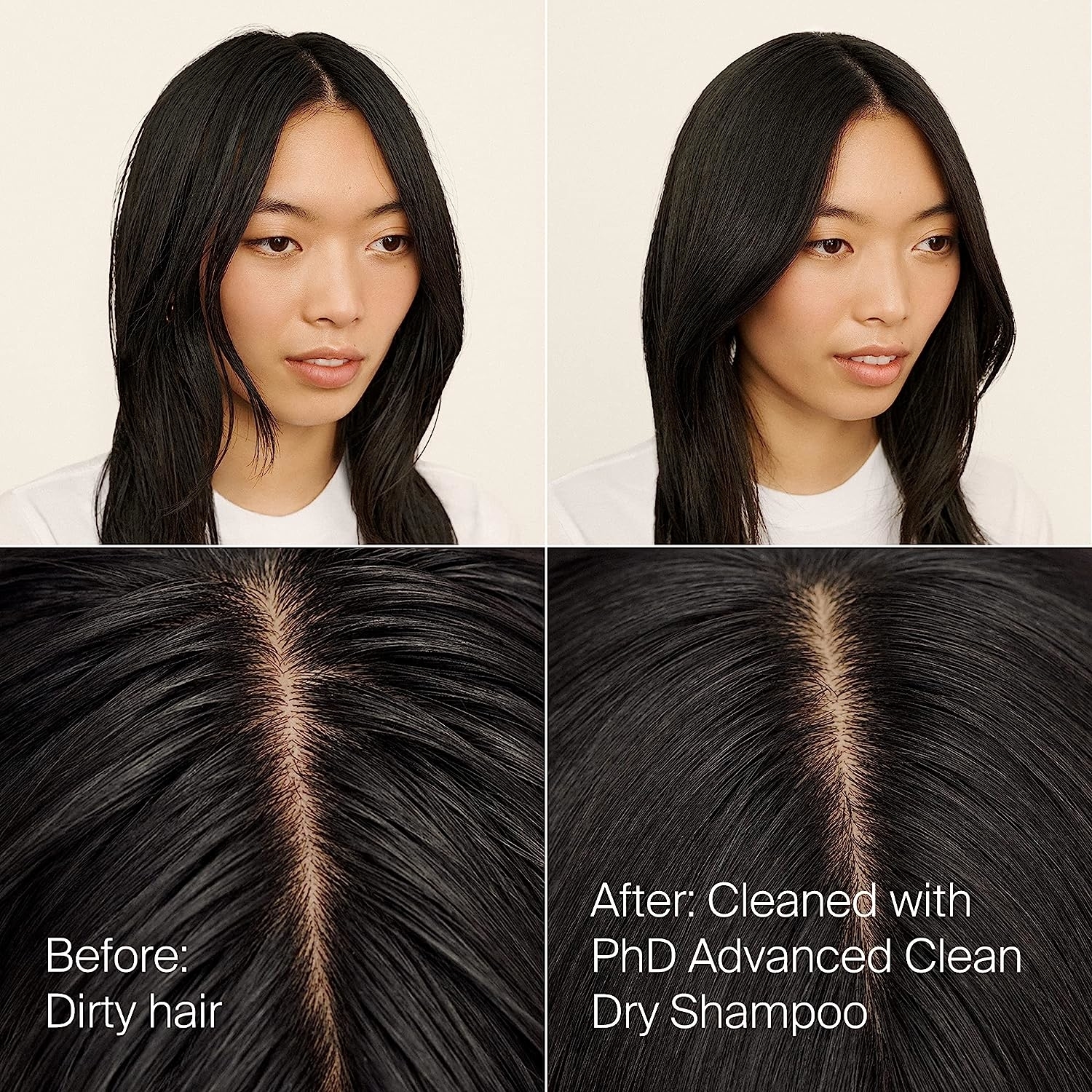 A before/after showing how it makes oily looking hair look cleaner