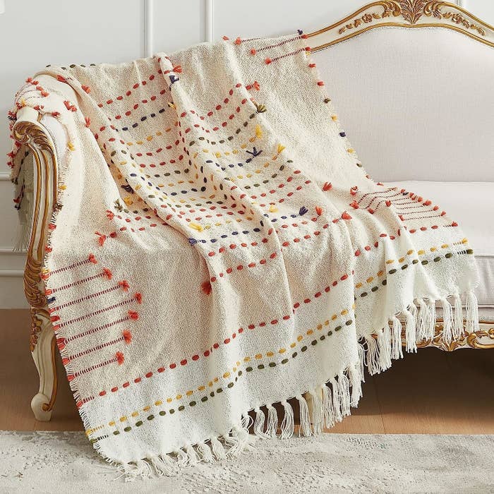 woven tassel blanket with multi-color embroidery