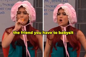 Cat from "Victorious" dressed as a baby with caption "The friend you have to babysit"