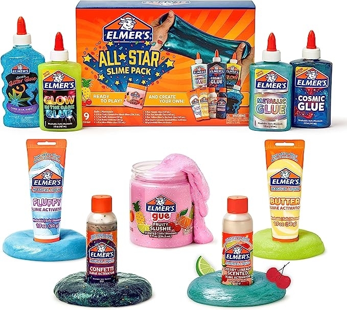 A look at the items in the box: various glues in different colors, slime, activator, etc