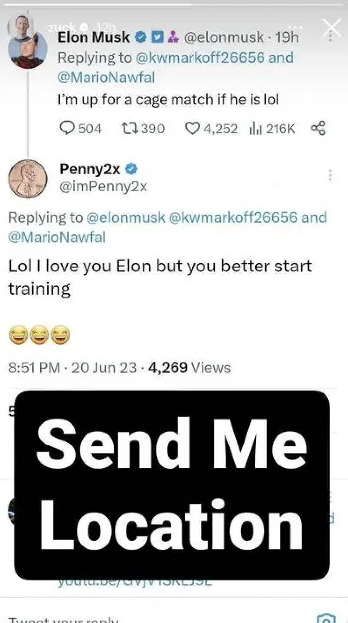 mark&#x27;s ig story telling elon to send him the location to fight