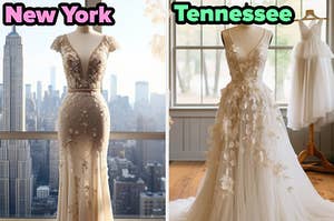 On the left, a fit and flare wedding dress with a deep v-neck labeled New York, and on the right, a sleeveless, a-line wedding dress with a tulle skirt labeled Tennessee