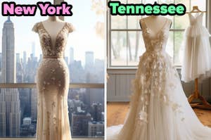 On the left, a fit and flare wedding dress with a deep v-neck labeled New York, and on the right, a sleeveless, a-line wedding dress with a tulle skirt labeled Tennessee
