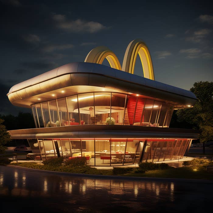 A futuristic-looking McDonald&#x27;s that&#x27;s two stories tall