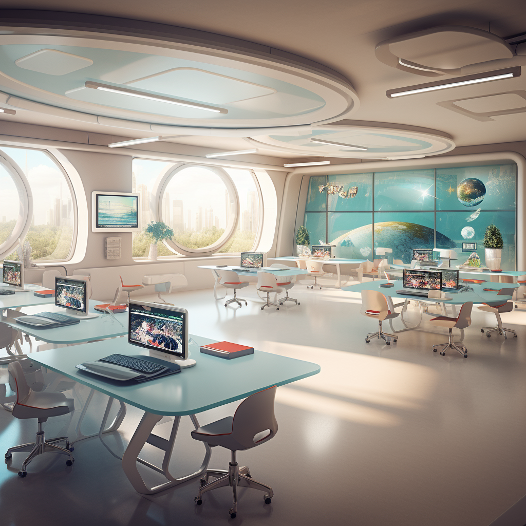 A futuristic classroom with cool technology at every seat