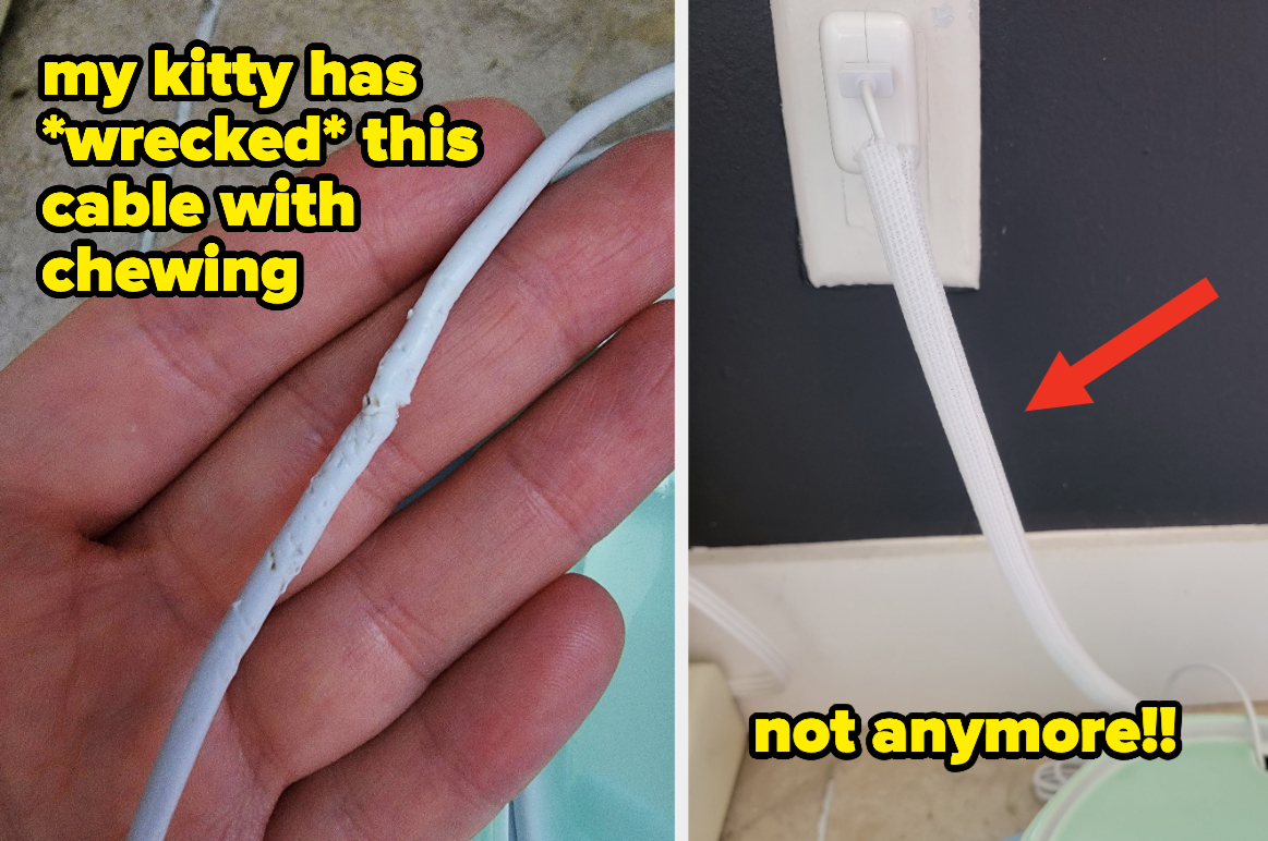 a chewed white cable and text &quot;my kitty has wrecked this cable with chewing&quot; / the same cable now covered with a white cord protector and text &quot;not anymore!!&quot;