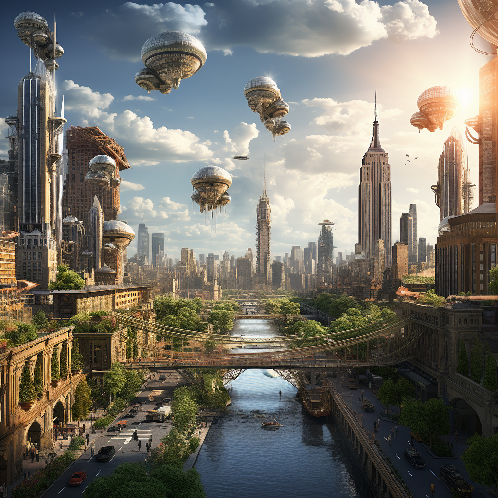 The New York City landscape with futuristic blimps flying around