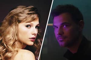 Taylor Swift Album cover and Taylor Lautner with a pink light across his face