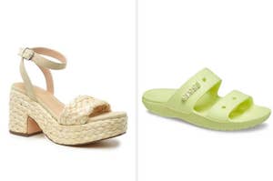 on left: woven white wedge sandal. on right: light green Crocs slide sandal