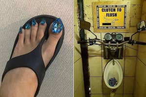 A foot with diamonds on the toes, and a urinal that looks like a motorcycle