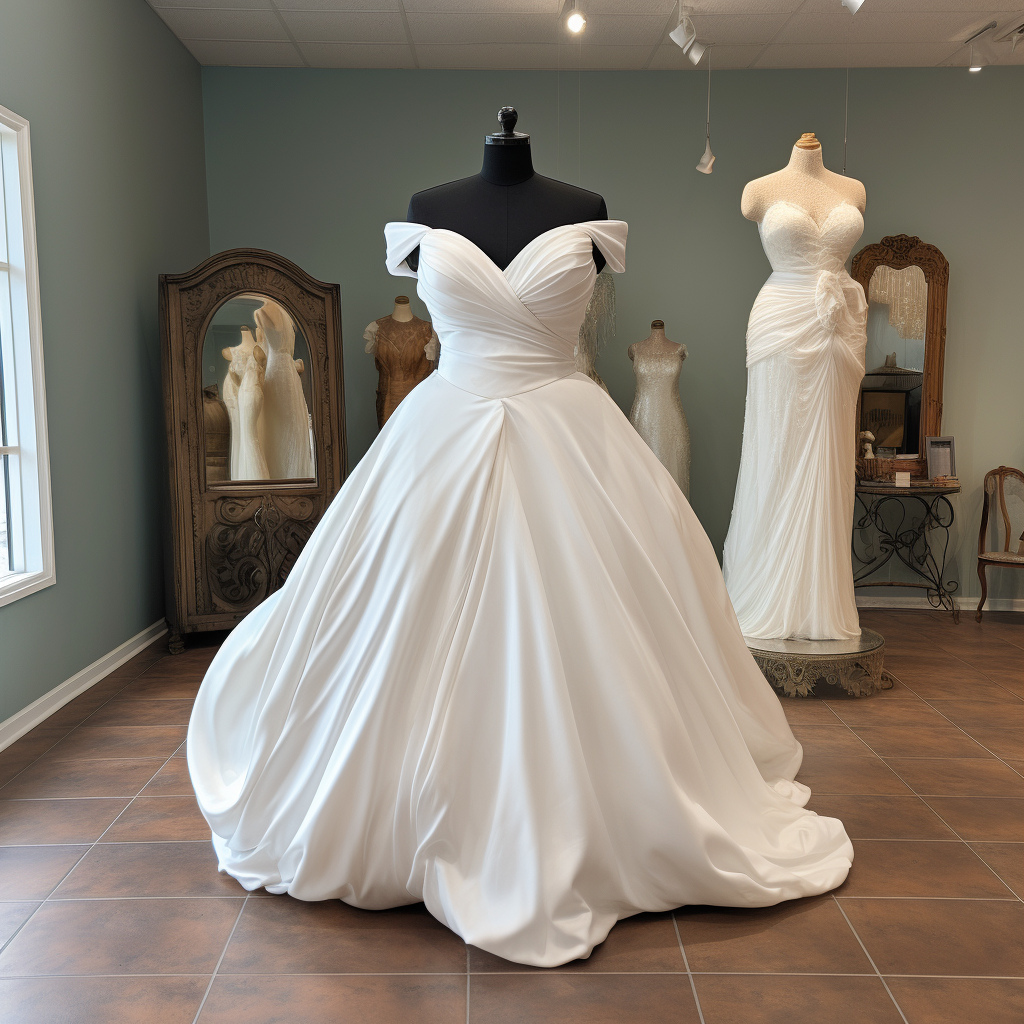 An off-the-shoulder ball gown with a v neck and full skirt