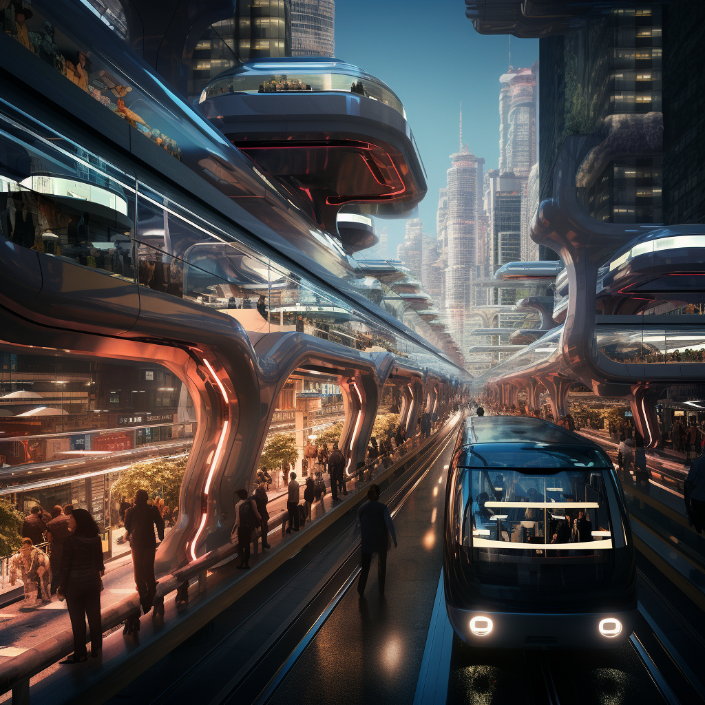 A big city with futuristic trains riding through it