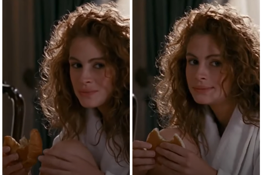 Screen grabs of the character eating a croissant then a pancake in the same scene