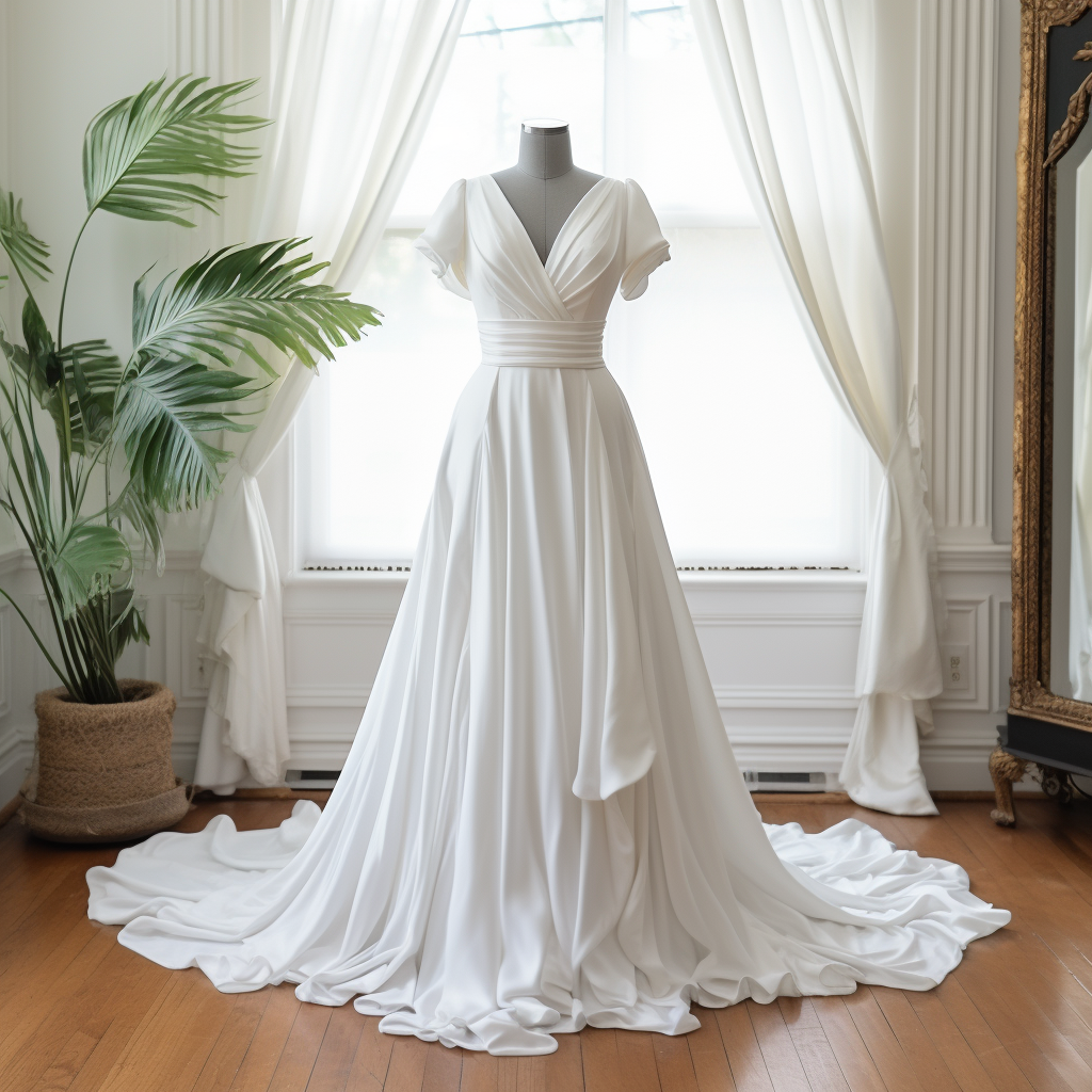 An a-line wedding dress with cap sleeves, a v neck, a defined waist, and a skirt with a short train