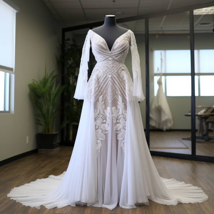 A long-sleeved, a-line wedding dress with lacy sleeves, a deep v neck, and a lacy bodice
