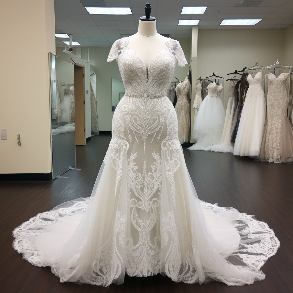 A lacy fit and flare wedding dress with a sweetheart neckline,  lacy, cap sleeves, and a belted waist