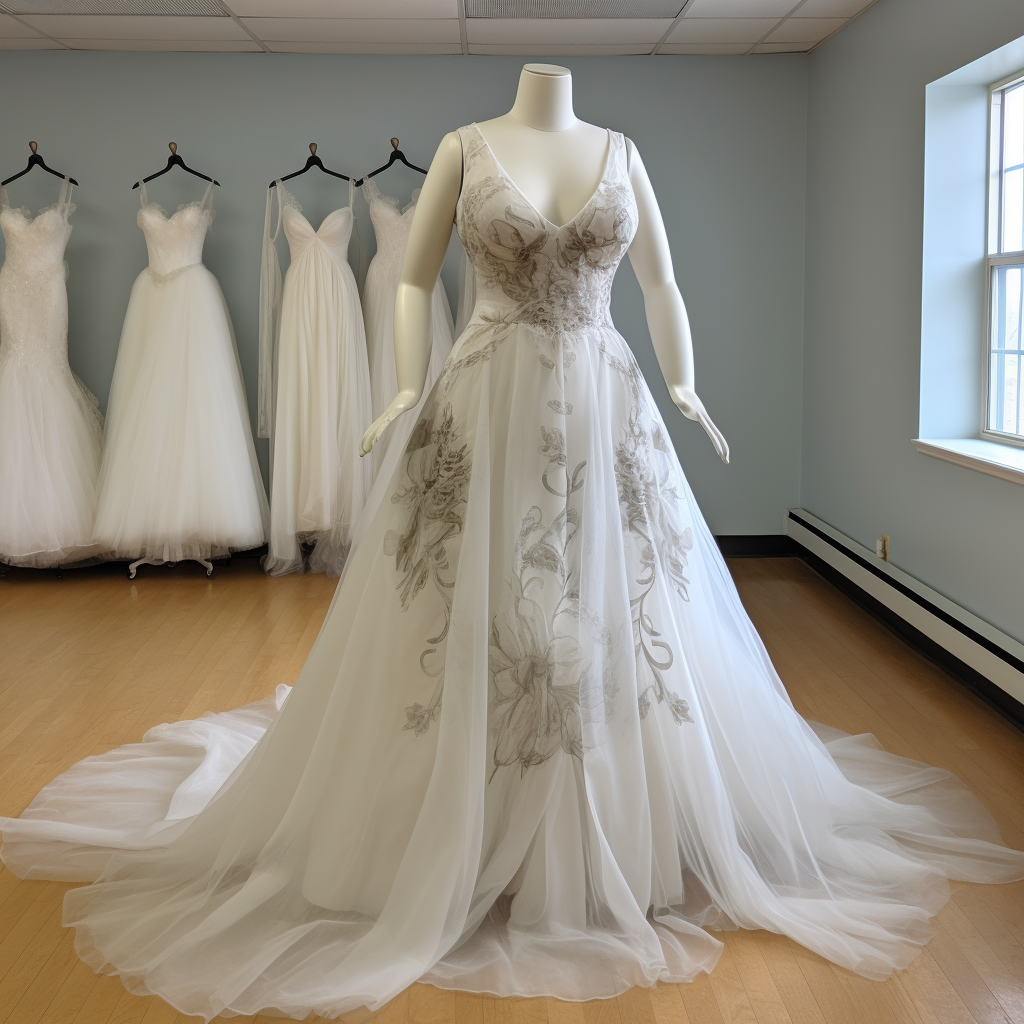 A sleeveless ball gown with a v-neck, floral details on the bodice, and a full, tulle skirt