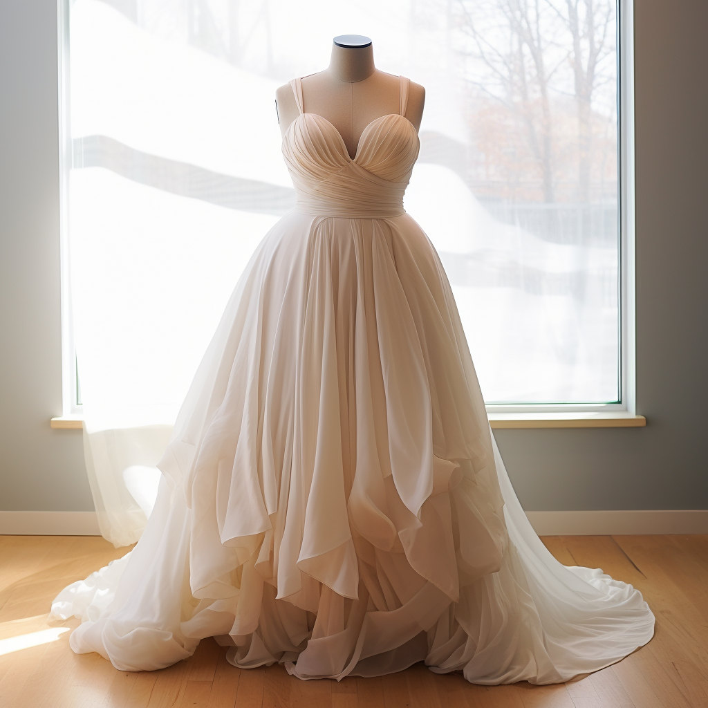 A sleeveless ball gown with spaghetti straps, a v neck, and a layered tulle skirt