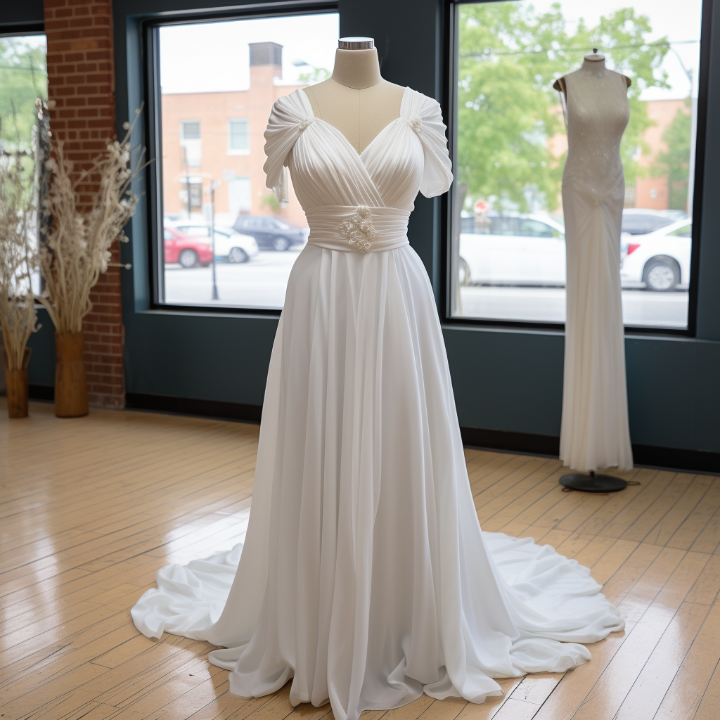 An a-line wedding dress with ruched, short sleeves, a v-neck, and a belted waist with floral details
