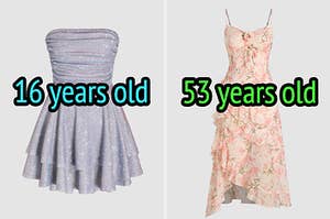 On the left, a sparkly mini dress labeled 16 years old, and on the right, a floral maxi dress labeled 53 years old