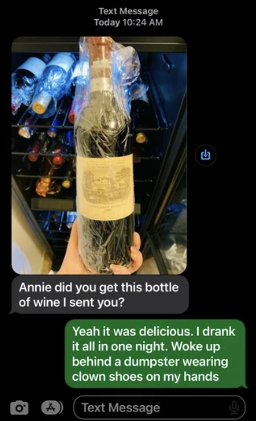 Picture of a bottle of wine with text &quot;Annie did you get this bottle of wine I sent you?&quot; Response: &quot;Yeah it was delicious; I drank it all in one night; woke up behind a dumpster wearing clown shoes on my hands&quot;