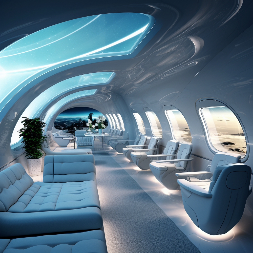 A futuristic plane from the inside, looking spacious and luxurious