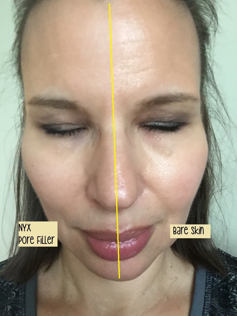reviewer with Nyx pore filler on half of face, other half without is shiny
