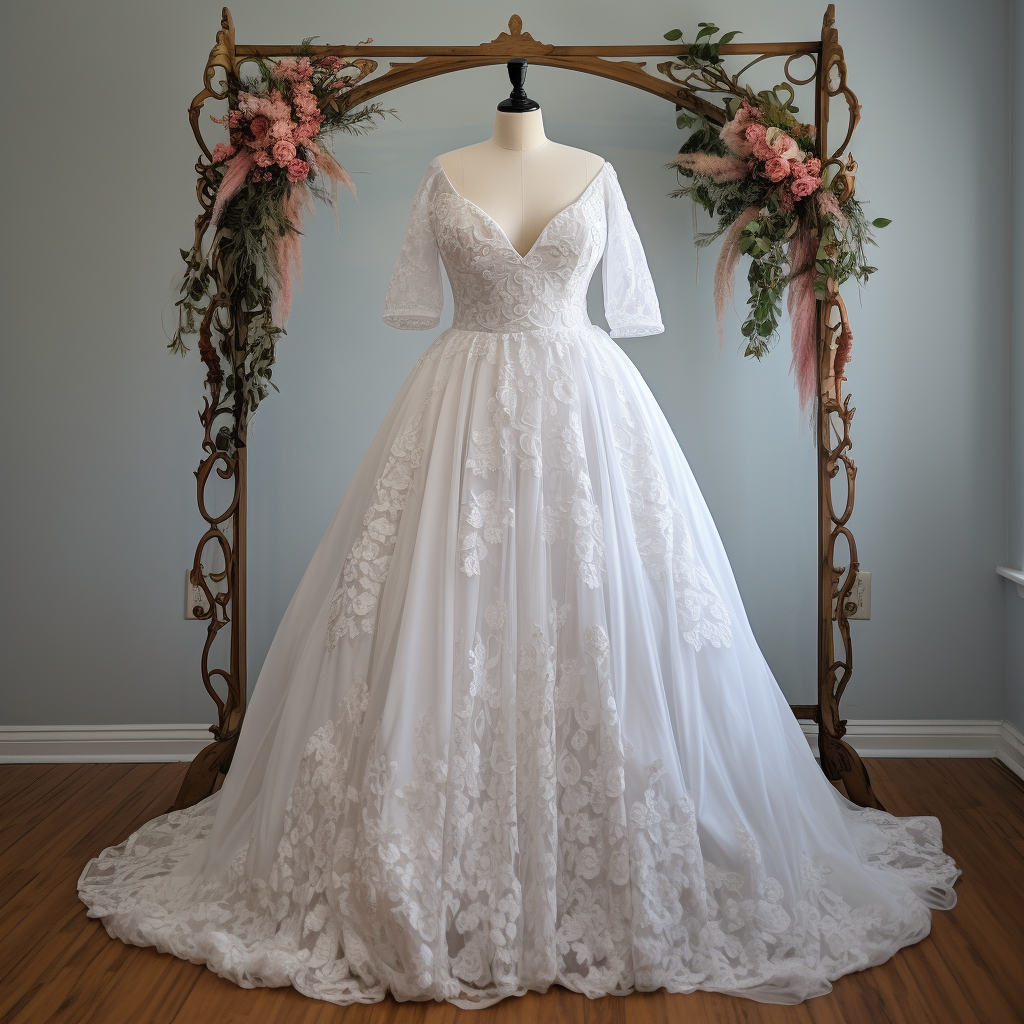 A ball gown with short, sheer sleeves, a deep v neck, and a lacy, tulle skirt