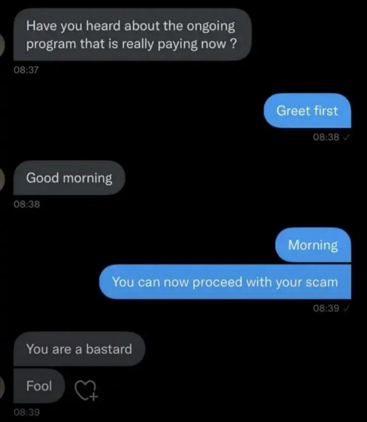 &quot;Have you heard about the ongoing program that is really paying now?&quot; Response is &quot;Greet first,&quot; and after they say &quot;Good morning,&quot; they&#x27;re told &quot;Morning, you can now proceed with your scam,&quot; and the response is &quot;You are a bastard, fool&quot;
