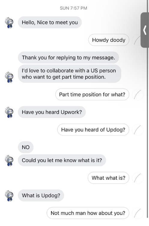 &quot;I&#x27;d love to collaborate with a US person who want to get part time position&quot; &quot;Part time position for what?&quot; &quot;Have you heard Upwork?&quot; &quot;Have you heard of Updog?&quot; &quot;No, what is it?&quot; &quot;Wait what is?&quot; &quot;What is Updog?&quot; &quot;Not much man how about you?&quot;