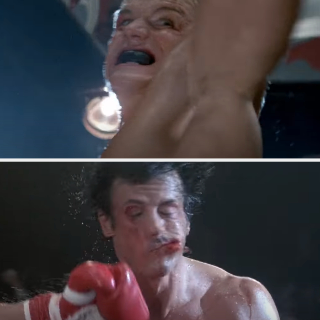 closeup of the rocky being punched with blood flying out of his mouth