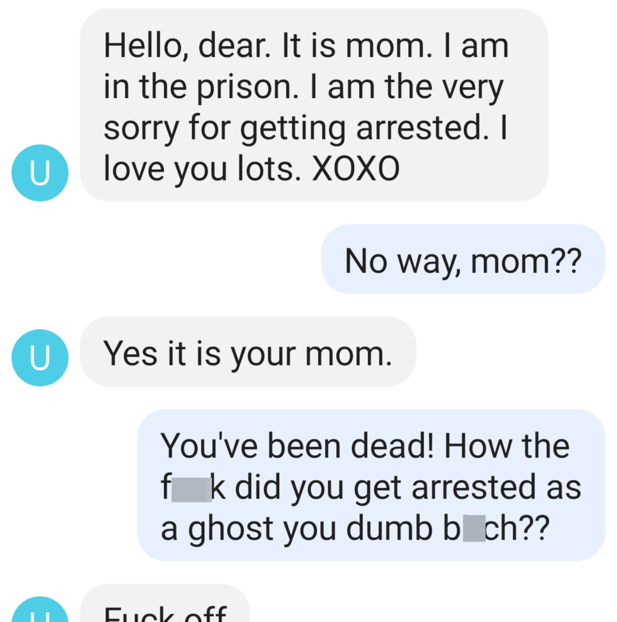 &quot;Hello, dear, it is mom, I am in the prison, I am the very sorry for getting arrested; I love you lots&quot; and person says &quot;No, way, mom??&quot; and &quot;You&#x27;ve been dead! How the fuck did you get arrested as a ghost you dumb bitch??&quot; and scammer says &quot;Fuck off&quot;