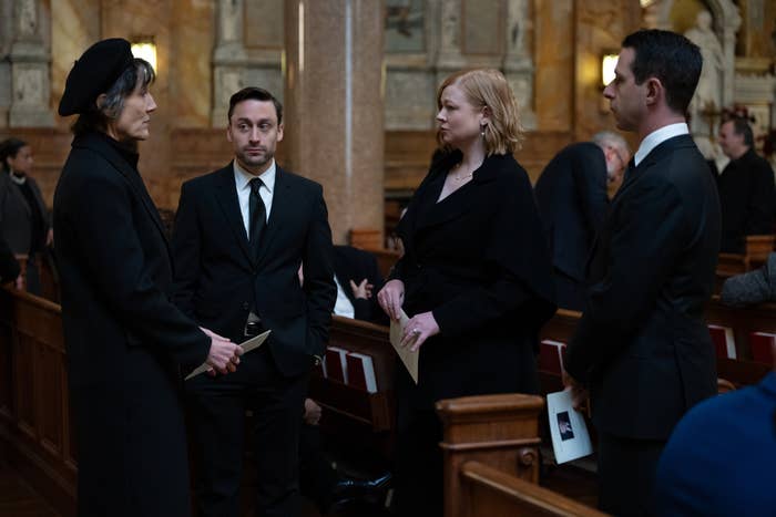The Roy siblings and their mother at Logan Roy&#x27;s funeral in a scene from Succession